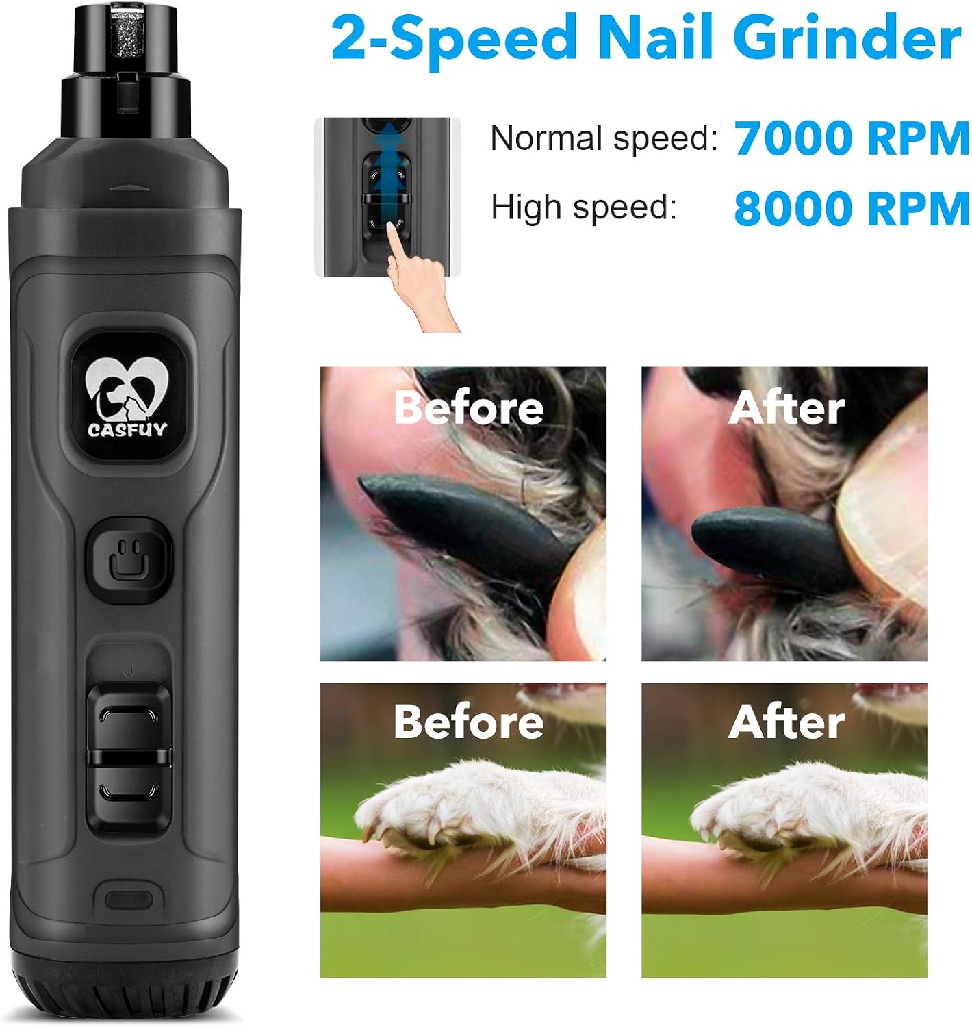Ultimate Dog Nail Grinder with Dual LED Lights - Powerful 2-Speed Electric Trimmer for Painless Grooming of Small, Medium, and Large Dogs and Cats (Stylish Grey)